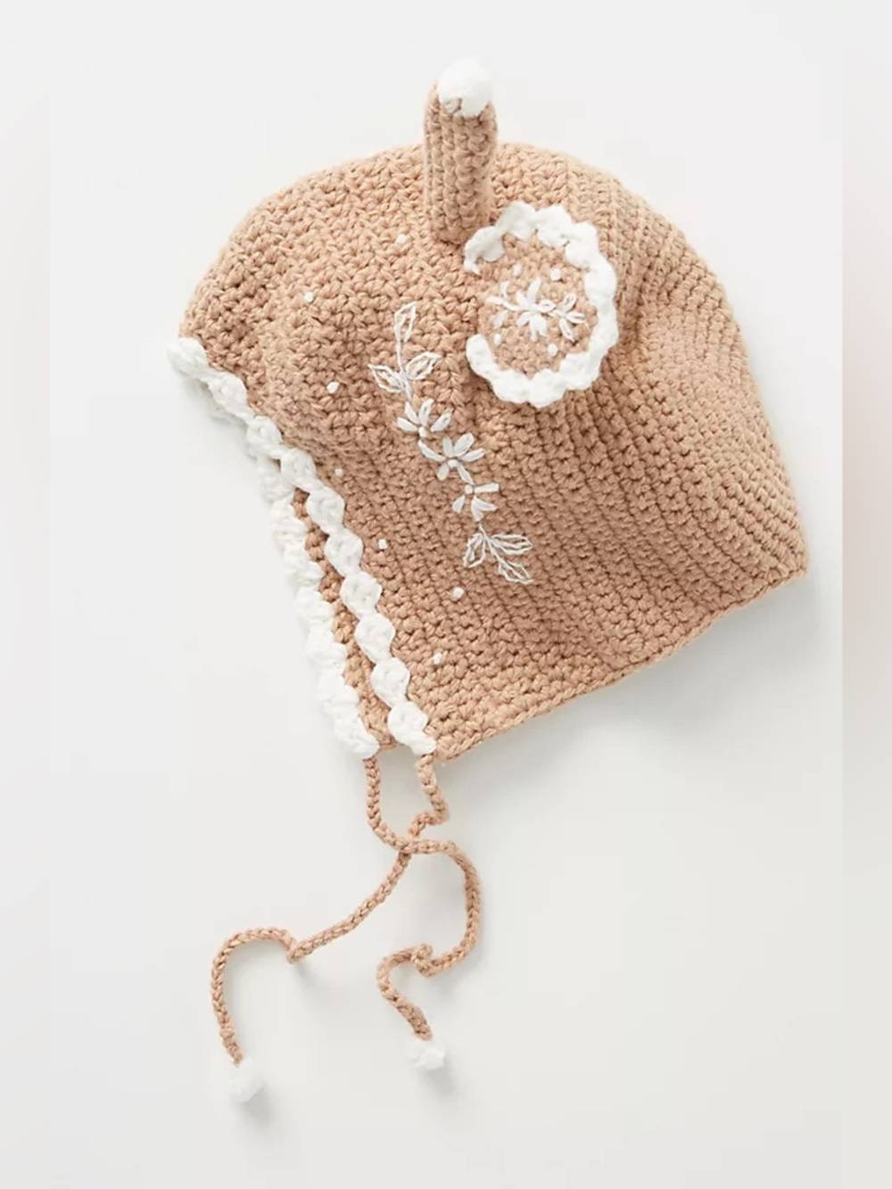 Anthropologie Crocheted Earflap Hat in Tan and White Trim